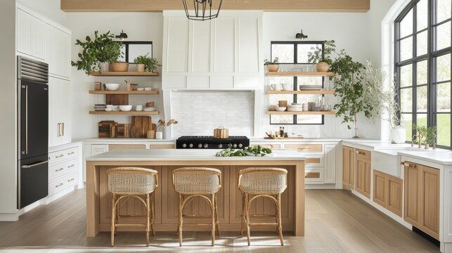 Minimal kitchen with light wood, white cabinets, black stovetop island, and woven stools. Greenery and sunlight enhance the airy design