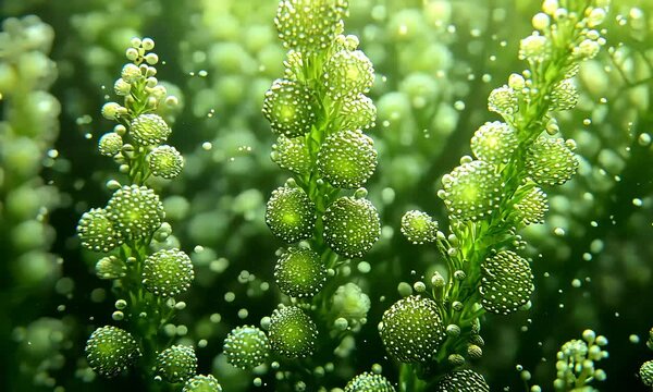 Closeup view of green algae clusters