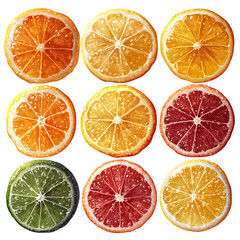 Fototapeta premium Citrus slice set. Lemon slice. Orange slice. Lime slice. Vector illustration --v 6.1 --s 750 --raw