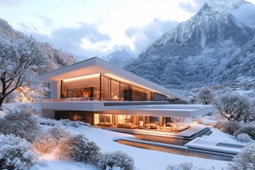Modern chalet nestled in a snowy mountain valley.