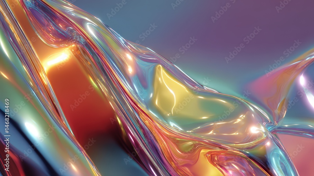 Poster abstract colorful wave pattern with shiny, iridescent surfaces.