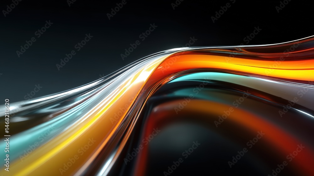 Poster dynamic waves of color and light against a dark background.