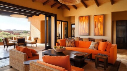 Soft sofa, orange-cushioned chairs, woven light, and warm decor in this modern living space