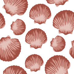 seamless pattern with pink sea scallop icon from the ocean floor, for marine and summer designs