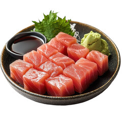 Delicious tuna sashimi cubes with soy sauce and wasabi japanese cuisine on transparent background