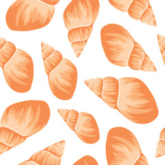 seamless pattern with an icon of a yellow seashell, namely the shell of a crustacean, for marine and summer designs