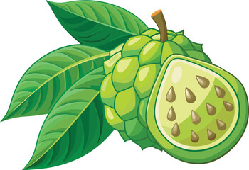 A vibrant vector art illustration of a fresh soursop fruit, showcasing its green spiky skin and juicy, tropical interior in detail.