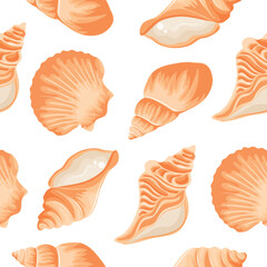 seamless pattern with a set of various yellow icons of seashells, clams, shells and seashells, for various summer or nautical designs