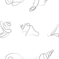 pattern of icons of various shells, mollusks and shells drawn with several lines in line art style, for various marine designs and company logos