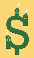 The cost of housing, specifically, the cost of buying a home is illustrated with a dollar sign and attached houses. This is a 3-d illustration.