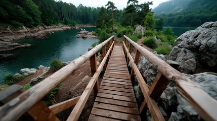 Fototapeta premium Wooden footbridge over a scenic river in a lush forest surrounded by mountains and rocks