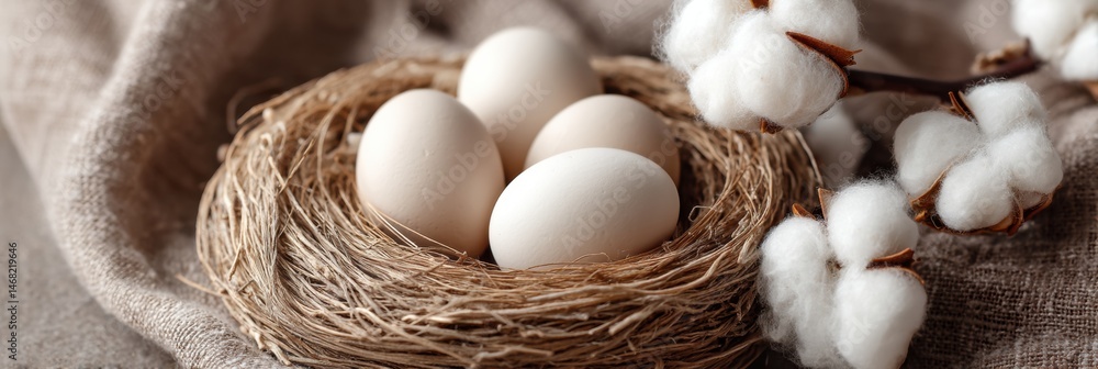 Poster eggs resting gently in a soft cotton nest surrounded by textured leaves in a serene natural setting 