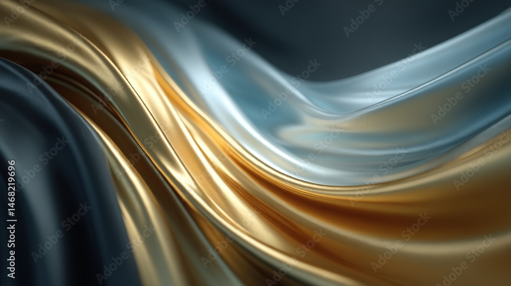 Poster abstract metallic waves in gold, silver, and black hues creating a dynamic visual flow.