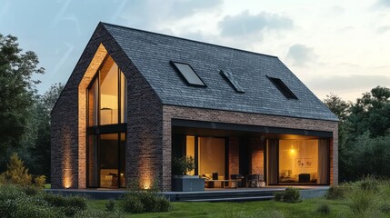 Obraz premium Contemporary brick home with a modern design and outdoor living space.
