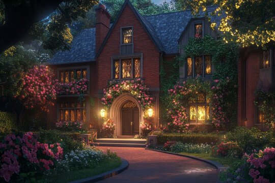 A  nighttime view of a  charming  brick  house  with  lush  gardens.