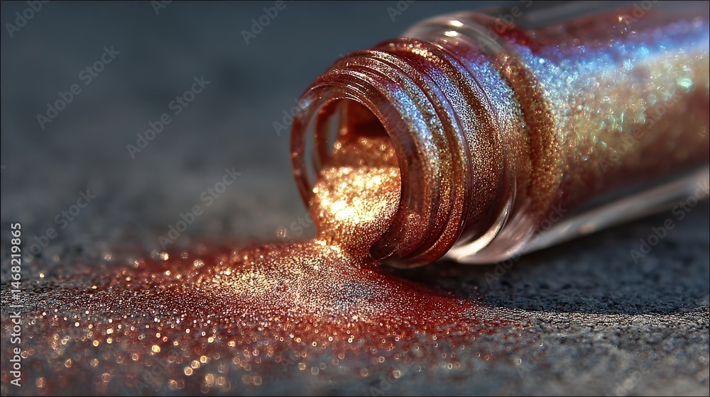 Poster sparkling glitter spills from an open bottle, creating a shimmering effect on the surface.