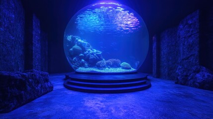 Sphere Aquarium in Dark, Blue-Lit Room