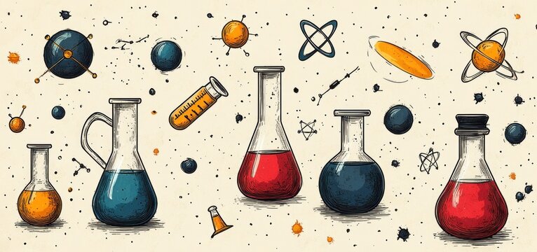 Chemistry Lab: A Vintage Illustration of Scientific Equipment and Atomic Structures