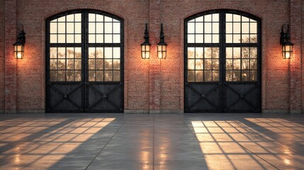 Fototapeta premium Industrial Loft Setting Red Brick Wall with Black Metal Doors and Warm Sunlight