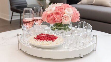 Naklejka premium Pink and White Roses on a White Tray with Raspberries and Rose Wine