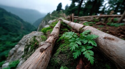 Fototapeta premium Wooden Pathway with Moss and Green Foliage in Scenic Mountain Landscape during Misty Morning