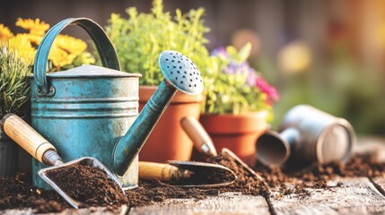Fototapeta premium Rustic Garden Scene Teal Watering Can and Blooming Flowers on Wooden Table