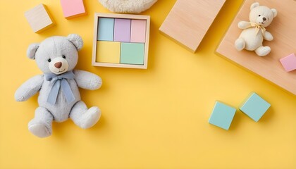 Pastel Toys and Teddy Bears on Yellow Background