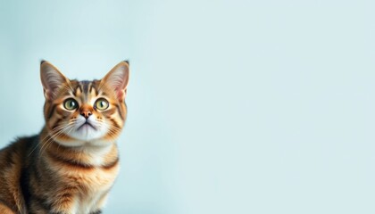 Captivating gaze of a tabby kitten set against a serene light blue backdrop