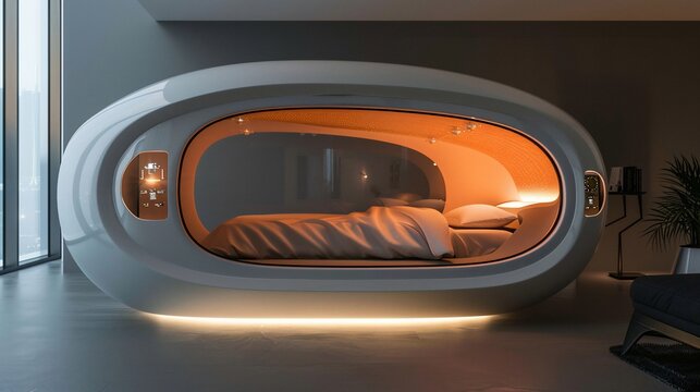 Futuristic, oval-shaped pod bed with soft lighting.  Modern, sleek design.  Integrated, transparent viewing area
