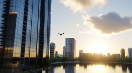 Drone over city skyline at sunset