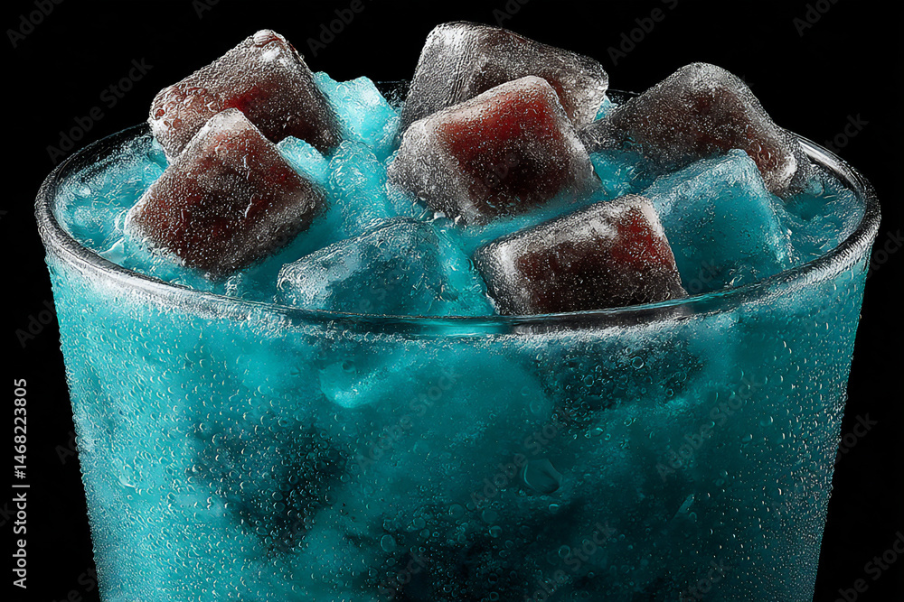 Poster a close-up of a glass of vibrant blue raspberry lemonade with floating ice shards and condensation.