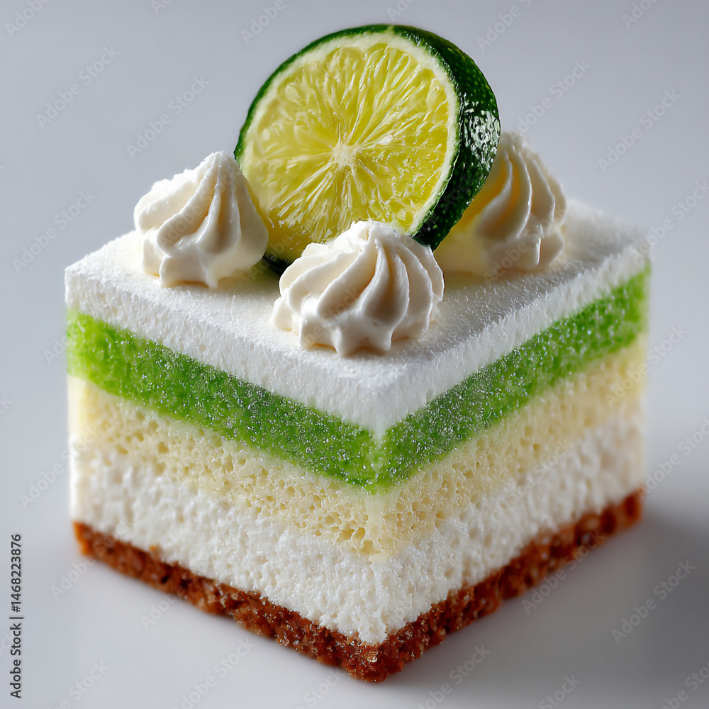 Poster a slice of key lime pie with a delicate layer of frost, topped with a swirl of whipped cream and a f