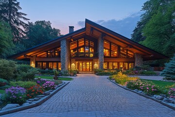 Obraz premium Luxury wooden home nestled within a lush forest at twilight.