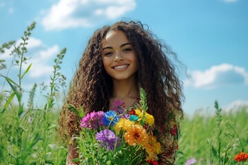 Joyful young woman with long curly hair standing in a lush green meadow, holding vibrant flowers and smiling up at the clear blue sky