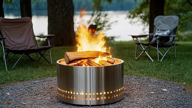 Bright orange fire burning within a metal fire pit surrounded by chairs on a grassy area during dusk