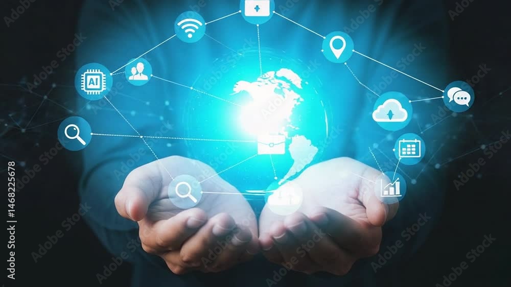 Poster animated global technology network in hands