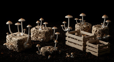 Mushrooms growing indoors, cultivation setup for farming blogs, horticultural content, and scientific illustrations