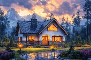 Peaceful mountain home at dusk.