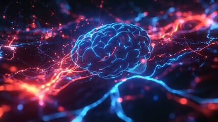 Fototapeta premium Brain with red and blue lines surrounding it. The brain is surrounded by a blue and red background