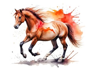 Running Chestnut Horse Watercolor Splash