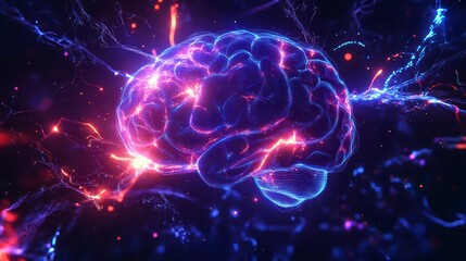 Brain with blue and red lights surrounding it. The brain is surrounded by a blue and red glow