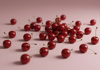 Scattered Red Cherries on a Pink Background: A Still Life Photography of Juicy Summer Fruit