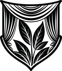 Heraldic Leaf Design: A modern, minimalist graphic features a stylized leaf composition within a shield, framed by ornamental curtains, blending botanical elegance with classical heraldic motifs.