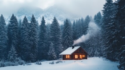 Cozy cabin in snowy forest with smoke rising from chimney during winter evening