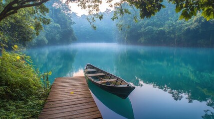 Boating in the tranquil morning mist of a serene lake surrounded by lush green forest