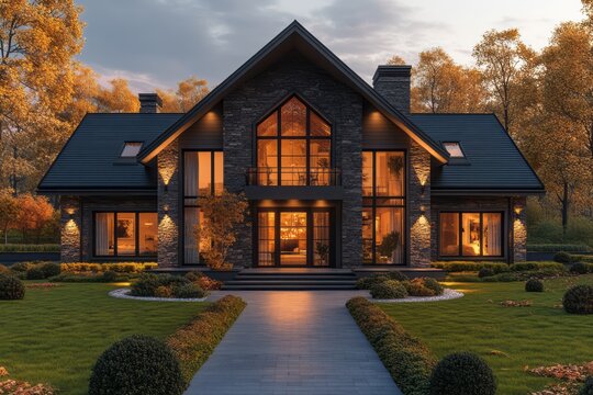 A  modern,  rustic  home  illuminated  at  twilight.