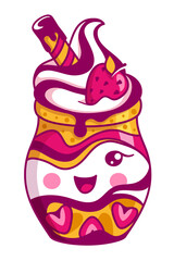 Tres Leches Cake Logo with a cute happy face. Dessert Mascot in Kawaii Style. 