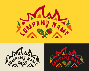 Logo in Mexican style with Maracas, hot pepper, and flame ornament. Suits for South American party or Music Festival 