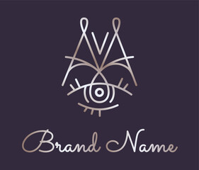 Magic Eye Logo Monogram. M or AA letters. Spiritual geometric lettermark in bronze color. 