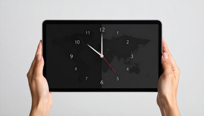 Hands Holding Tablet Displaying World Clock with Map Background